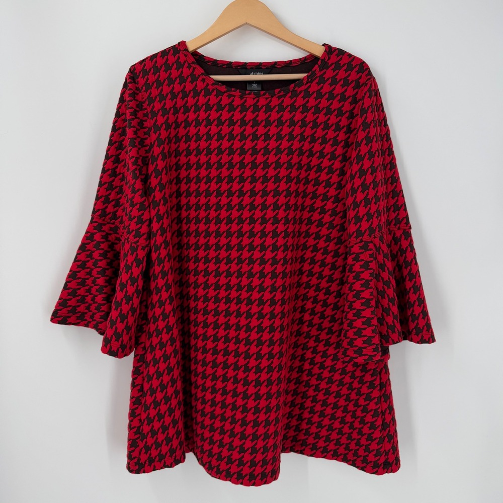 Ali Miles Red Black Houndstooth Tiered Bell Sleeve Tunic Top Womens Large Artsy